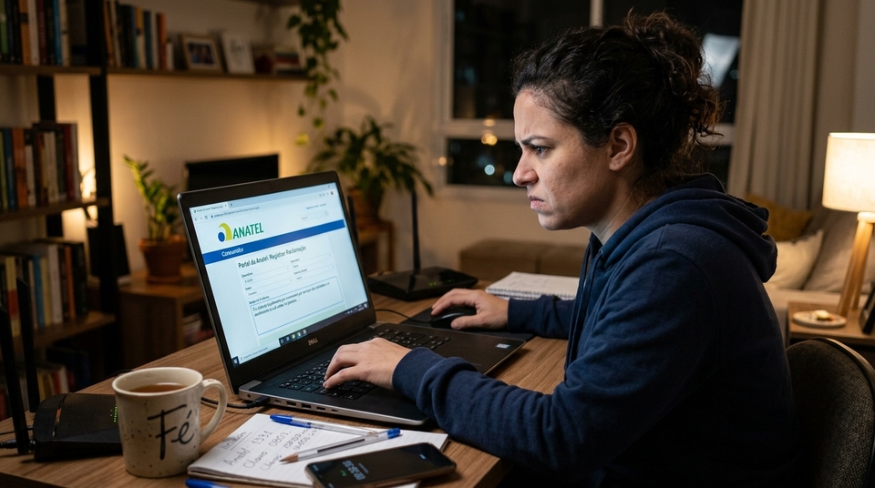 Mulher com expressão de frustração usando notebook para registrar reclamação no site da Anatel à noite.