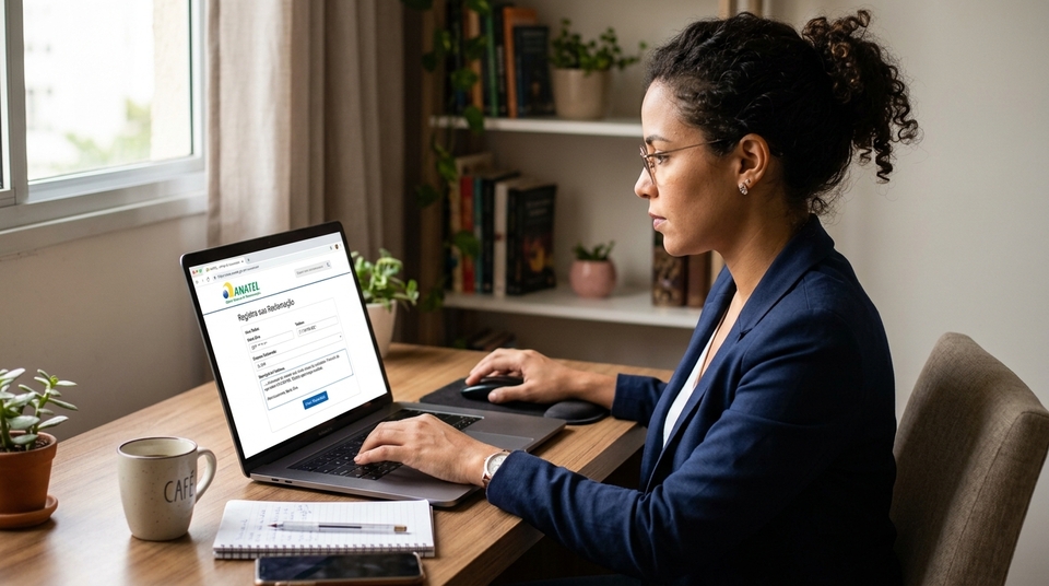 Mulher de terno azul e óculos preenchendo formulário no site da Anatel pelo notebook na mesa de trabalho.