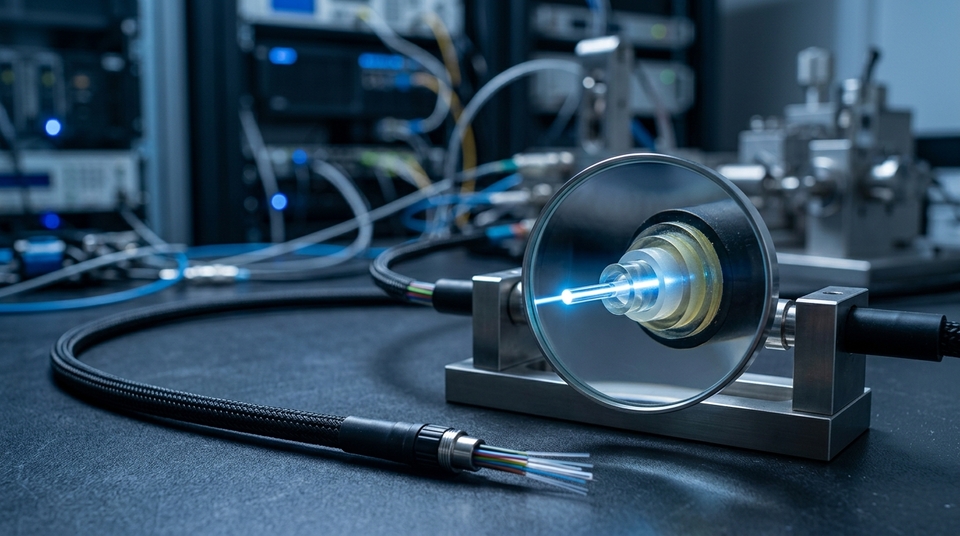 Cabo de fibra óptica transmitindo feixe de luz azul em detalhes ampliados dentro de laboratório de tecnologia.