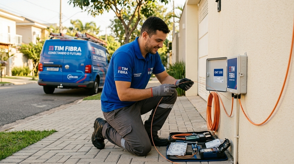 Técnico da TIM Fibra ajoelhado na calçada instalando cabo de fibra óptica na caixa de passagem externa residencial.