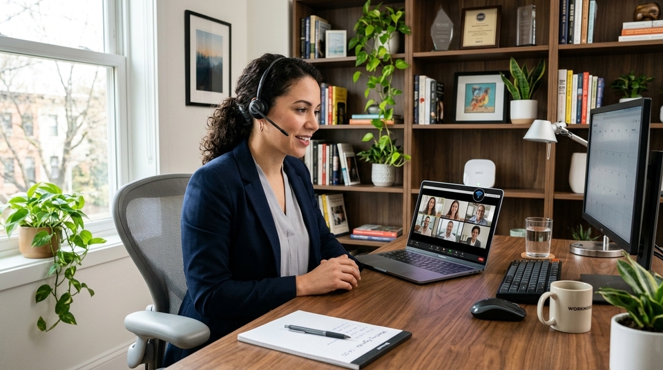 Mulher usando headset sorri durante videochamada corporativa no notebook em escritório home office bem iluminado.