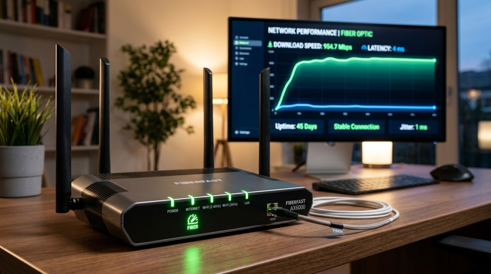 Roteador Wi-Fi 6 de alta velocidade sobre mesa com luzes verdes acesas e monitor ao fundo exibindo teste de velocidade.
