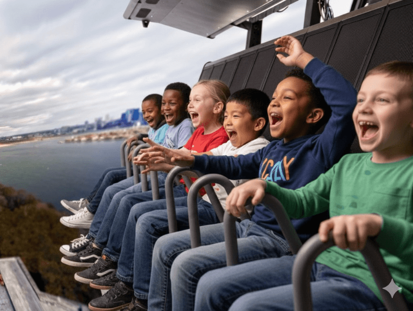 Children riding and enjoying the RiseNY attraction