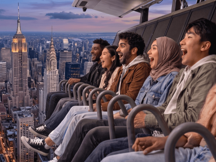 People smiling as they ride the ride portion of the RiseNY attraction