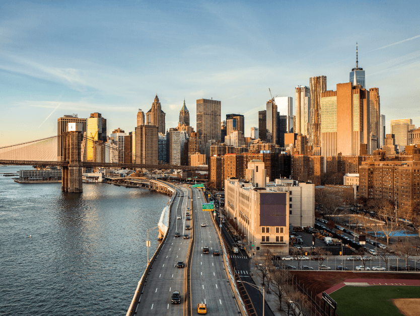 A picture of the New York City skyline during golden hour