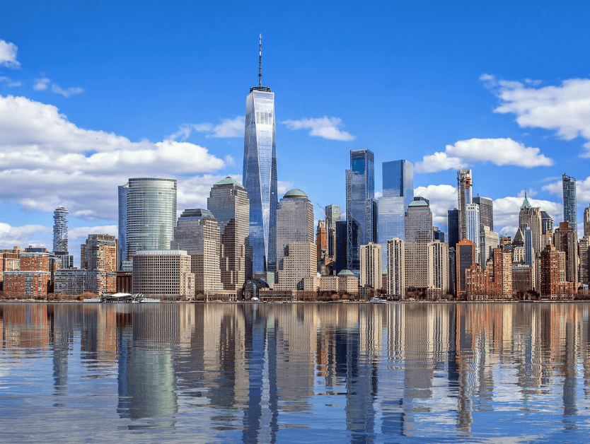 A skyline shot of New York City over the Hudson River