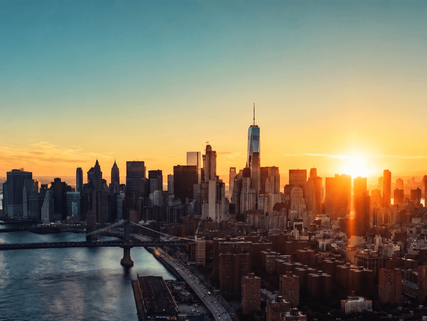 A photo of the New York City skyline during a sunset