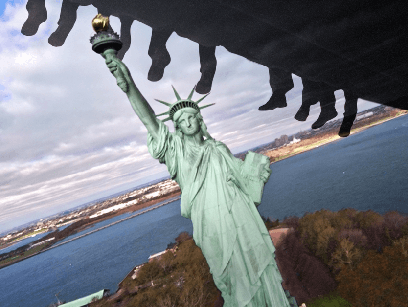 RiseNY attraction, the section of the ride where you soar over the Statue of Liberty