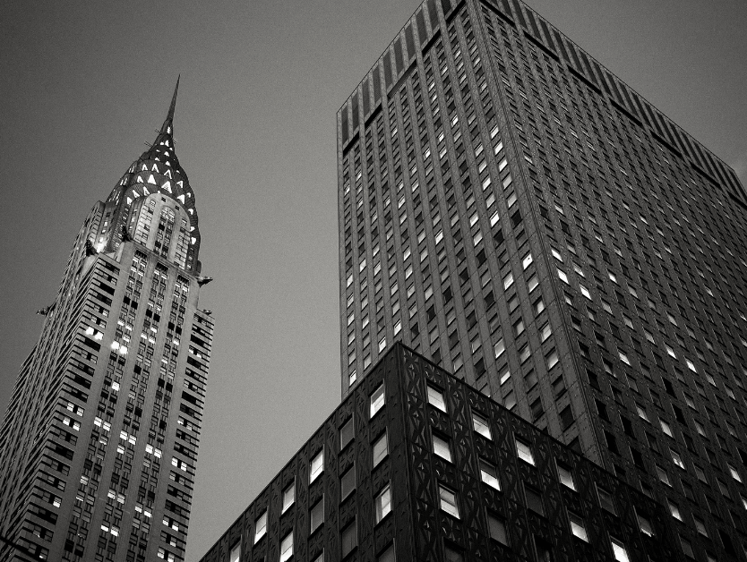 A black and white shot of the Empire State building