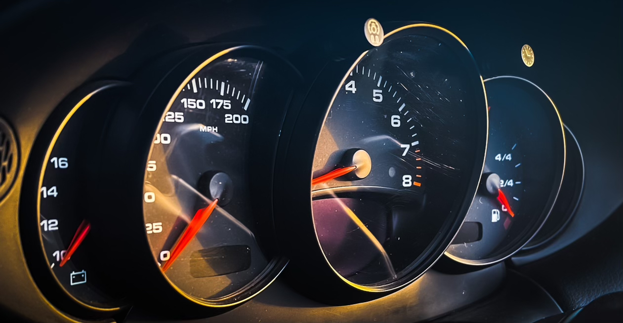 Close-up view of Porsche dashboard gauges, showcasing luxury sports car performance instrumentation with speedometer, tachometer, and fuel gauge details.