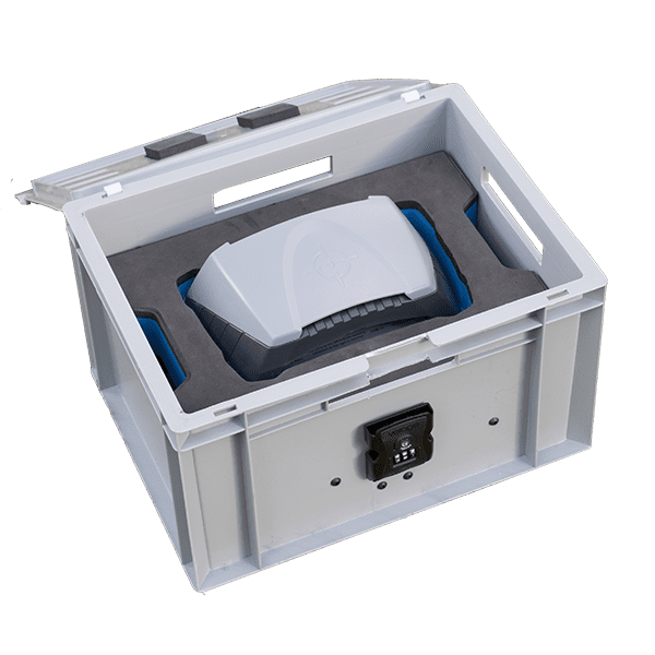 onTrak GPS unit packed inside a grey reusable demo box