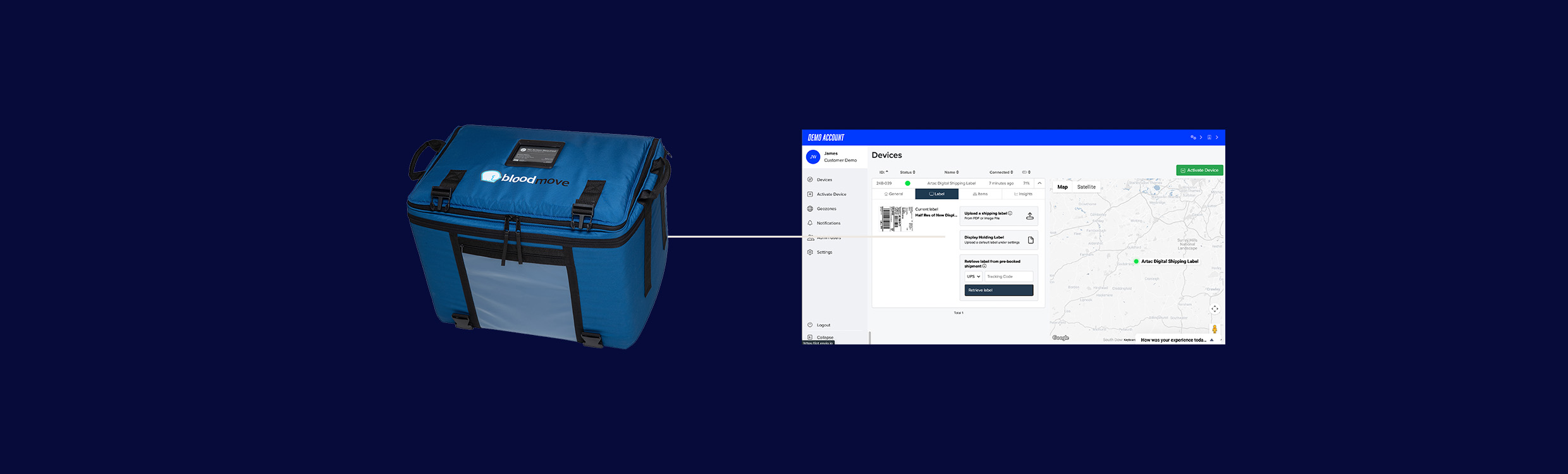 Polar Thermal reusable cold-chain box with an Artac digital shipping label, connected to the Envio dashboard