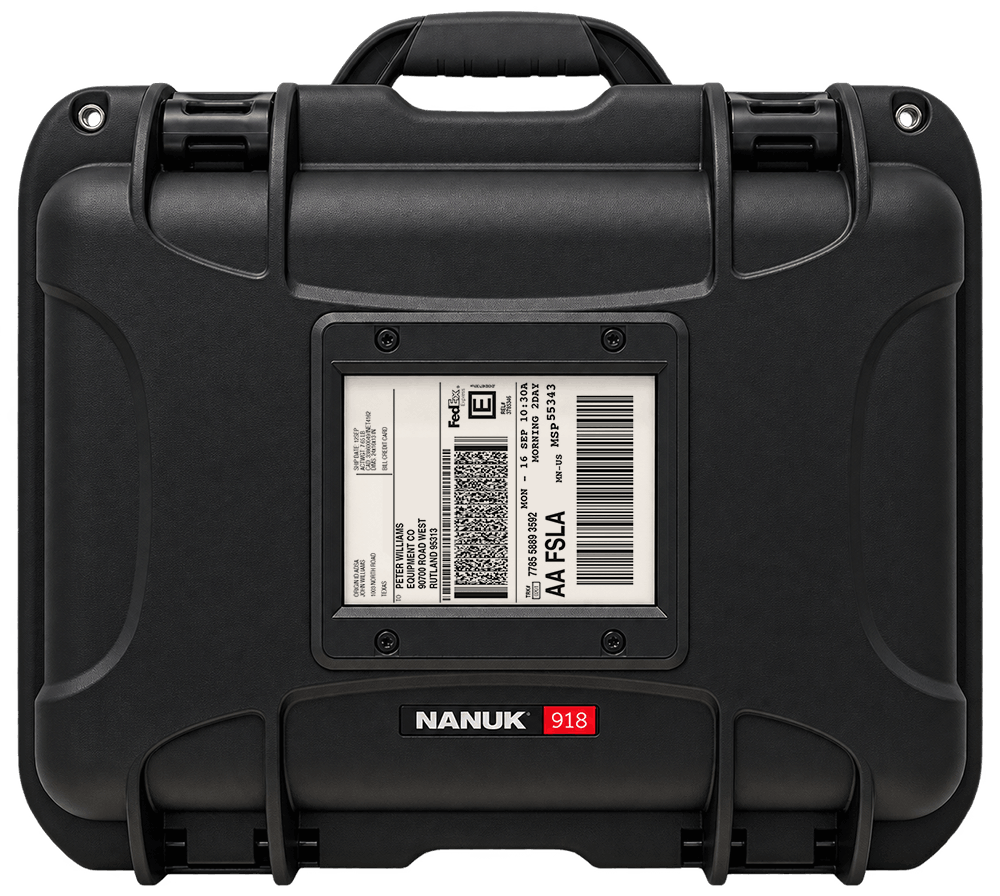 Nanuk hard case with an Artac digital shipping label displaying a shipping label