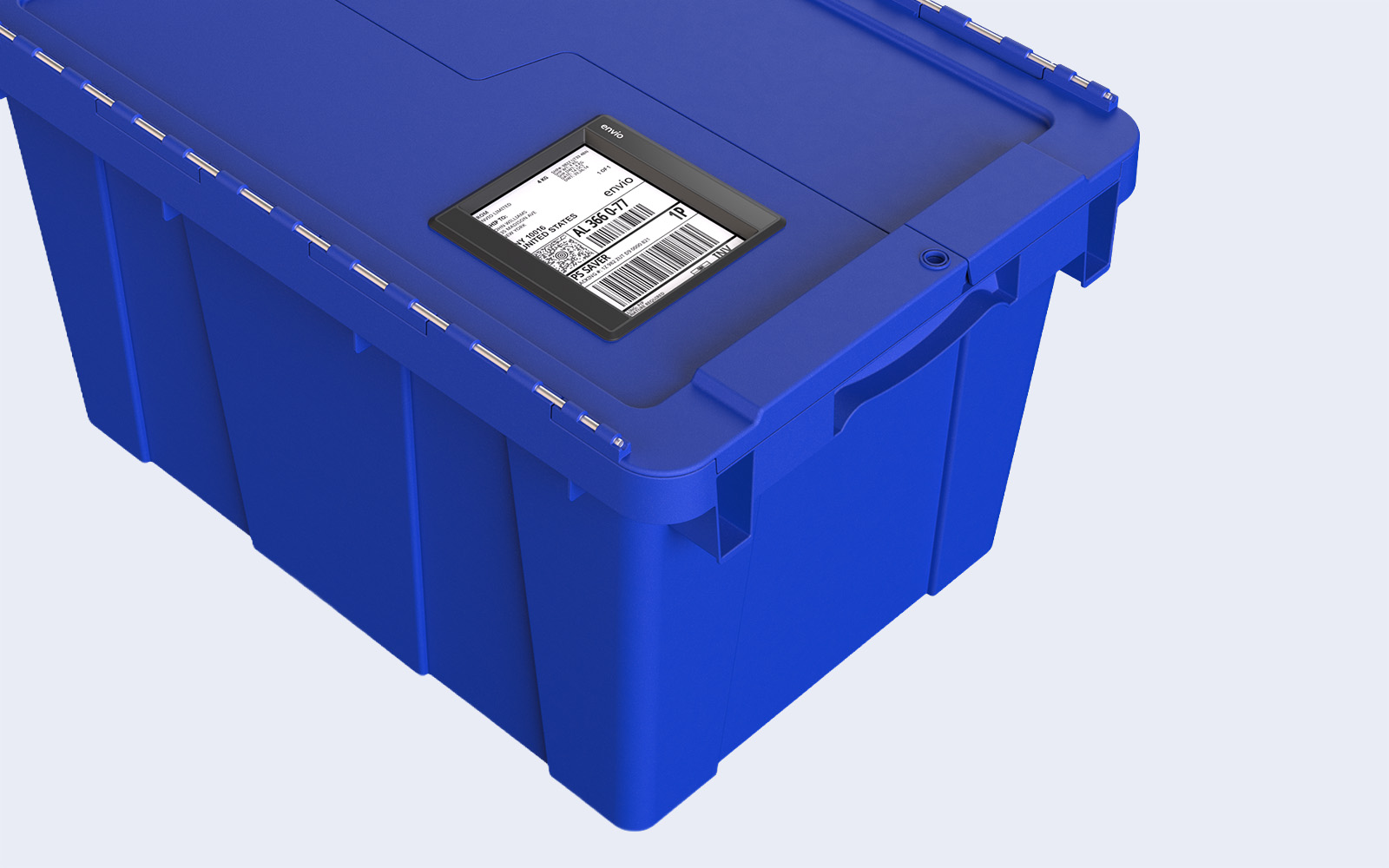 Blue medical loaner kit box with an Artac digital shipping label on the lid