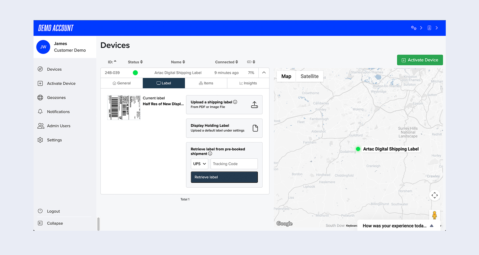 Envio dashboard showing loaner kit devices and their locations on a map