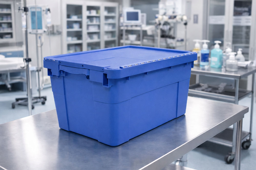 Blue medical loaner kit box on a hospital trolley