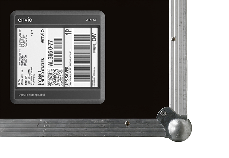 Artac digital shipping label fitted to a touring flight case
