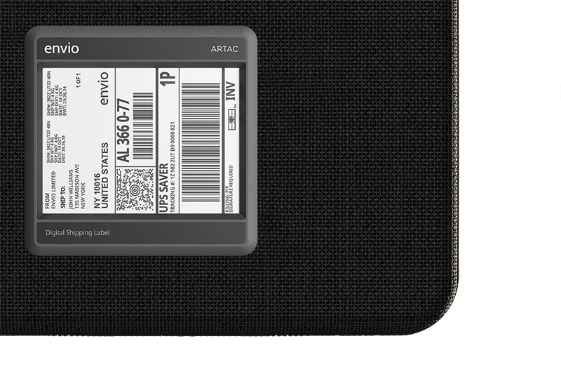 Artac digital shipping label fitted to a black fabric Securepack case