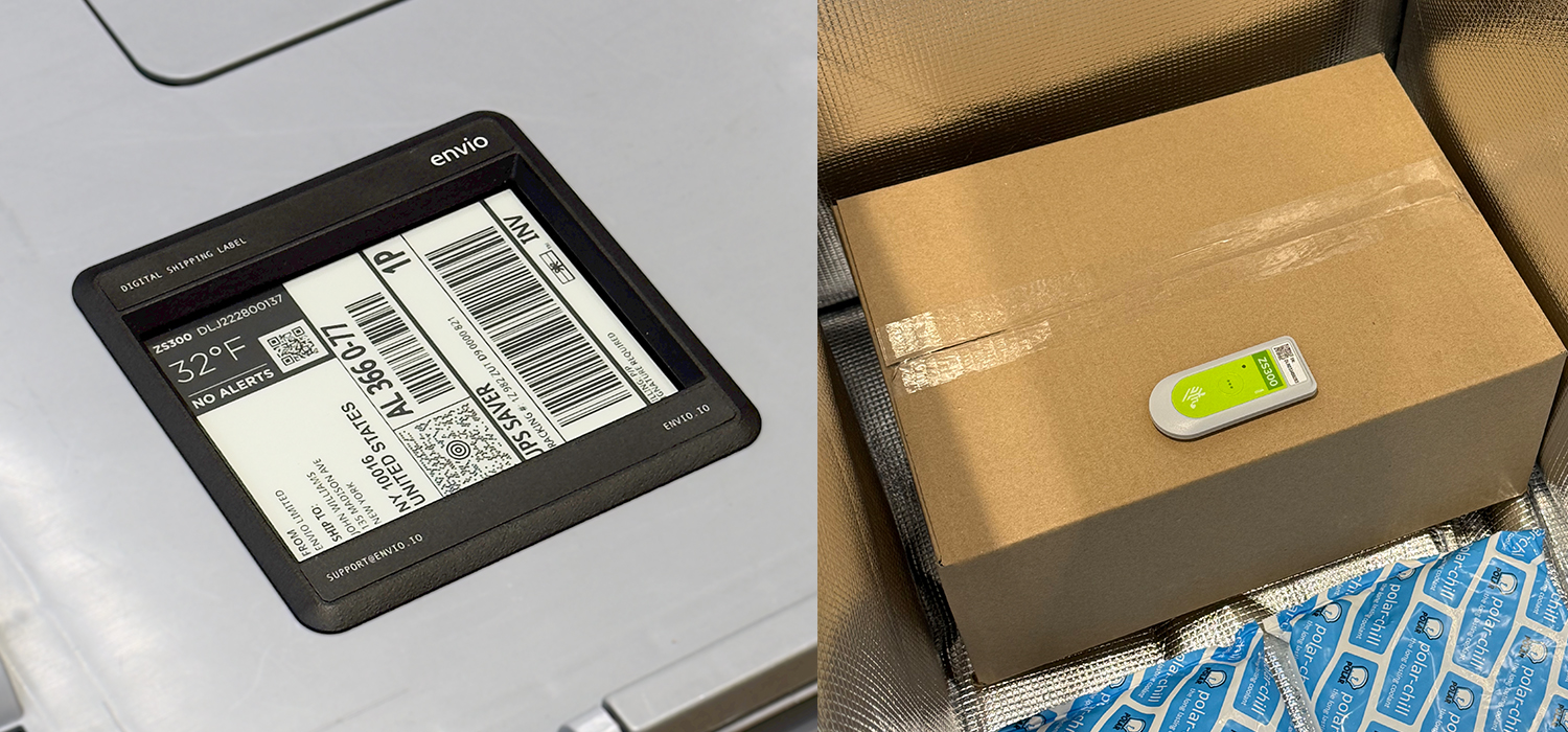 Artac digital shipping label next to a Zebra temperature sensor on a shipping box