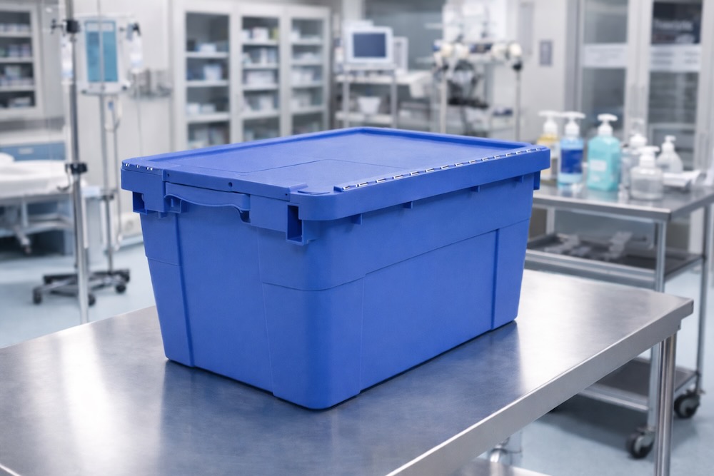 Blue medical loaner kit box on a hospital trolley