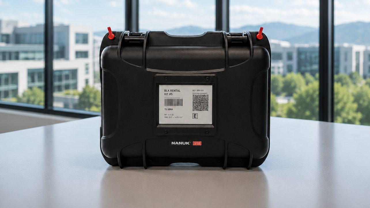 Nanuk hard case fitted with an Artac digital shipping label on an office table
