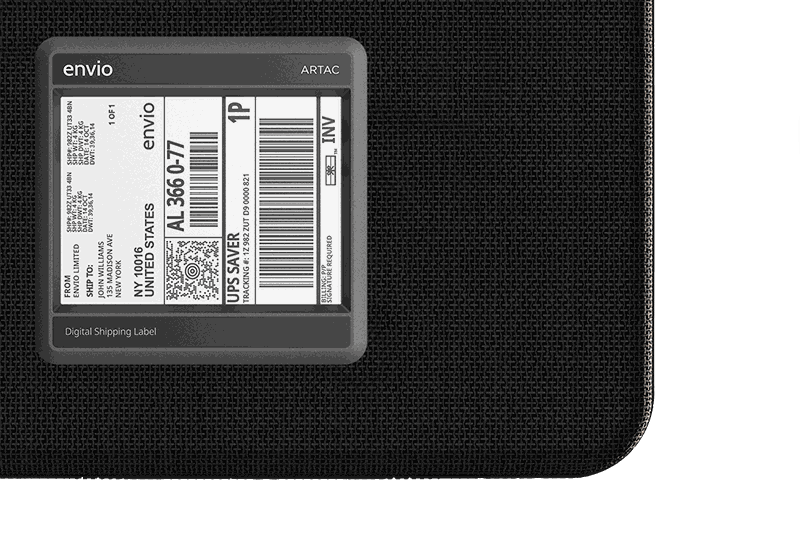 Artac digital shipping label fitted to a black fabric Securepack case