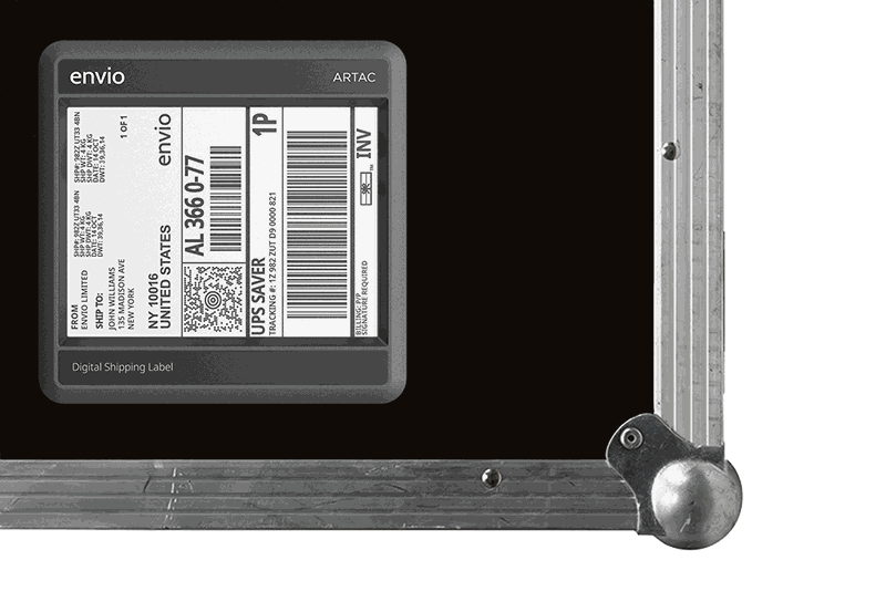 Artac digital shipping label fitted to a touring flight case