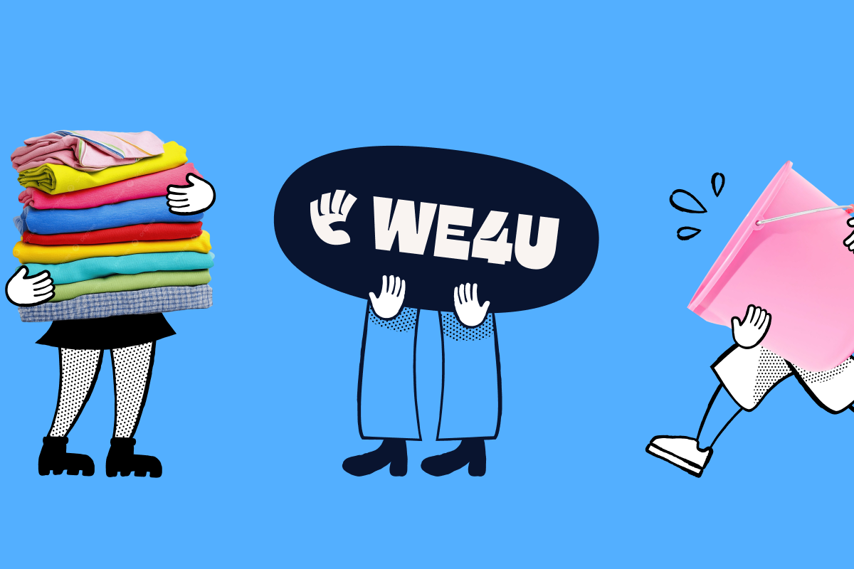 Illustratie van drie figuren op een blauwe achtergrond: links een figuur die een stapel kleurrijke kleding draagt, midden een figuur die het We4U-logo vasthoudt, rechts een figuur die een roze emmer draagt.