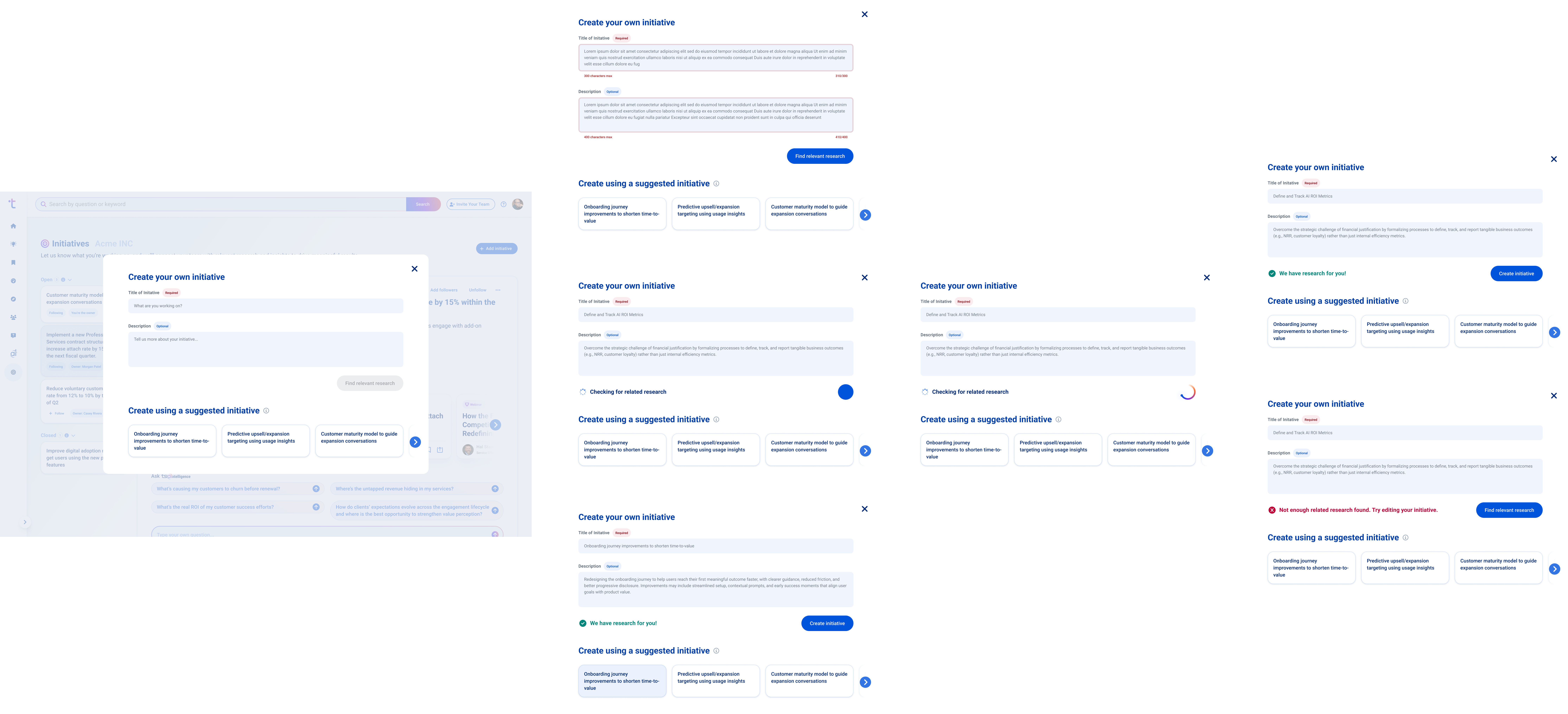 Multiple screens showing steps to create an initiative with fields for title, description, and suggested initiatives.