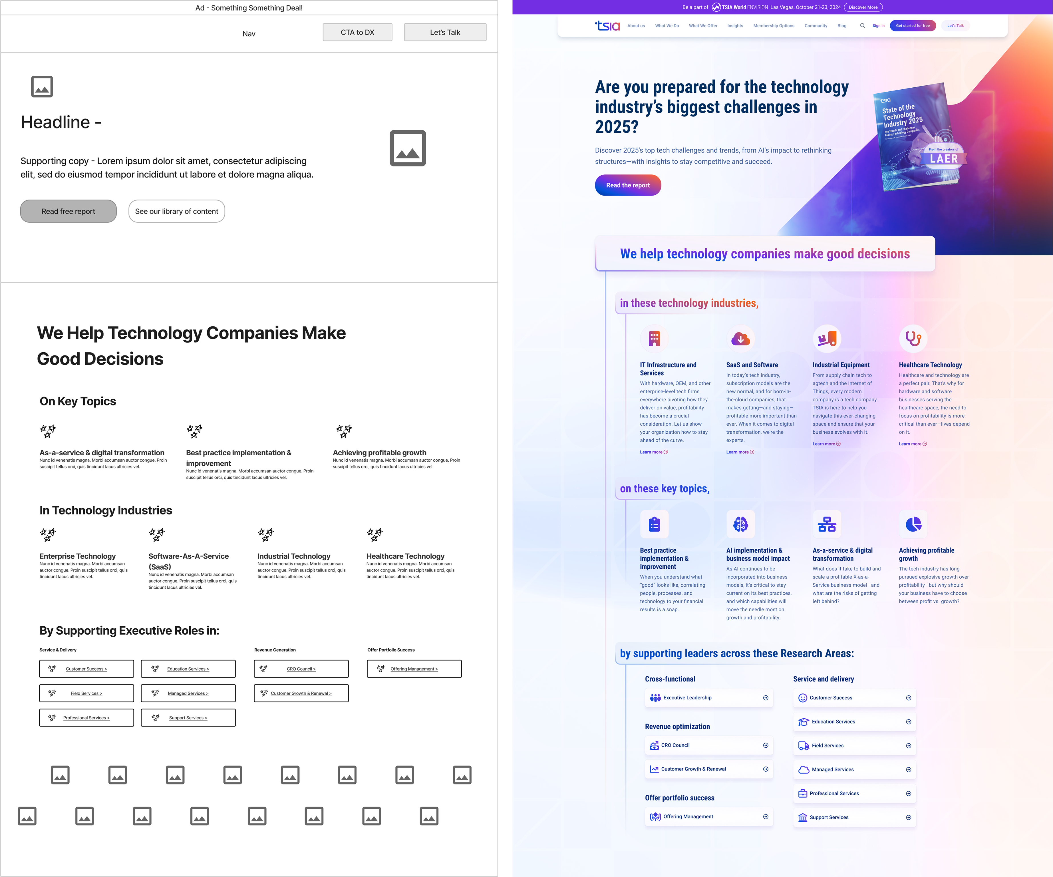 Comparison of a wireframe webpage layout and a colorful finished webpage for tech industry insights in 2025.