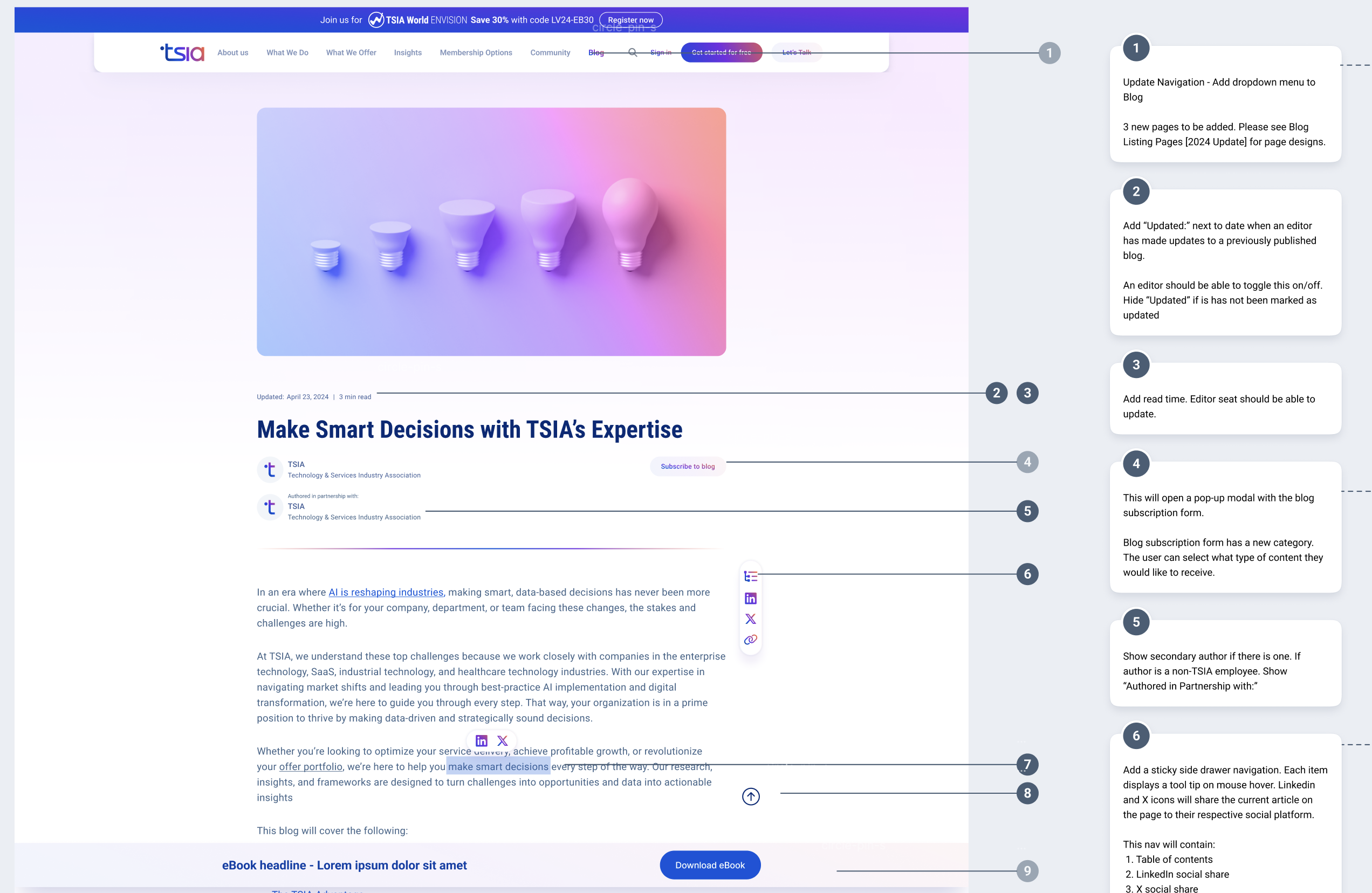 Webpage screenshot of TSIA blog article titled 'Make Smart Decisions with TSIA’s Expertise' with lightbulb graphic.