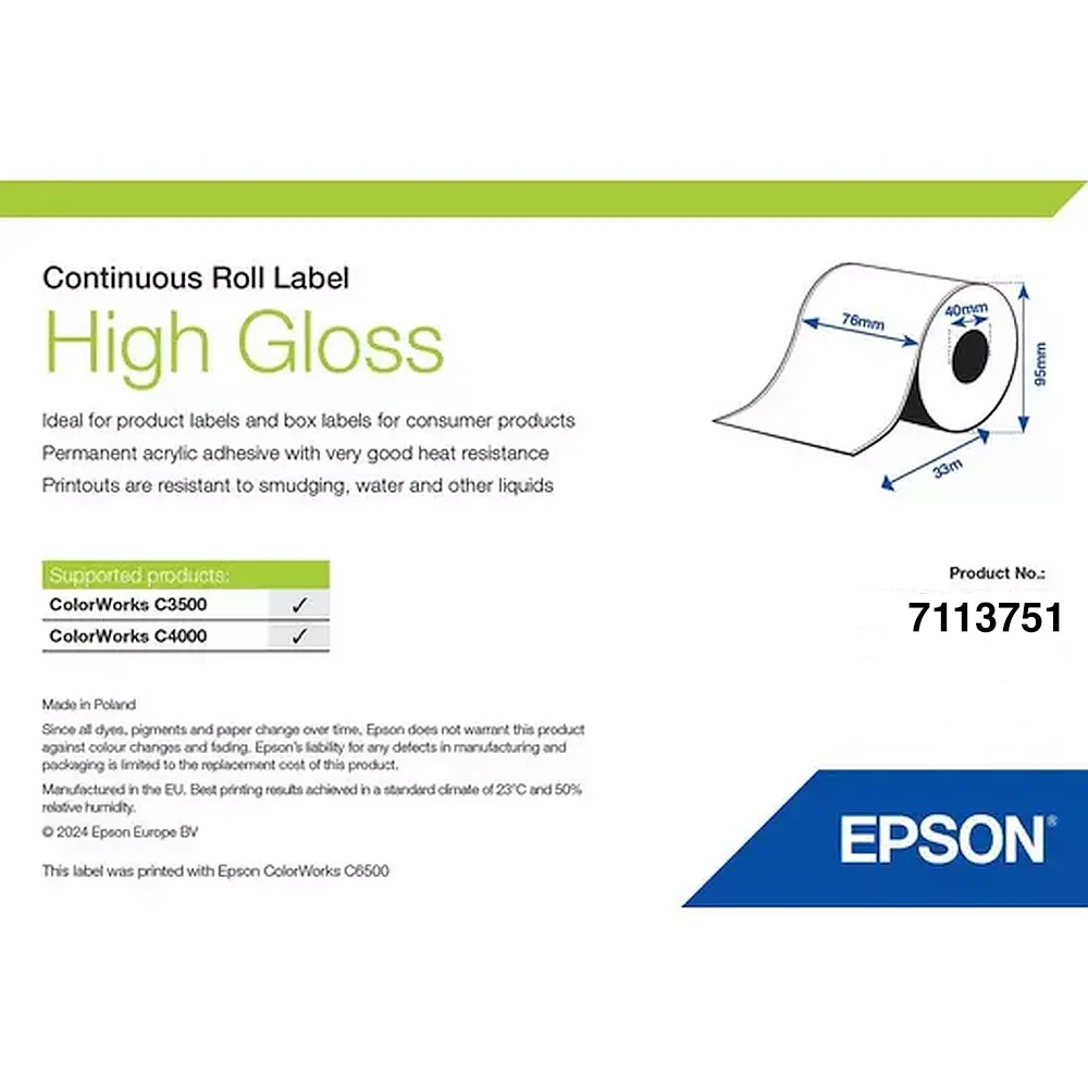 7113751 - Epson High Gloss Inkjet Label - Single Continuous Roll 76mm x 33m