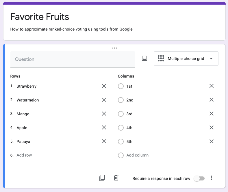 Google Form configured to look like ranked-choice ballot