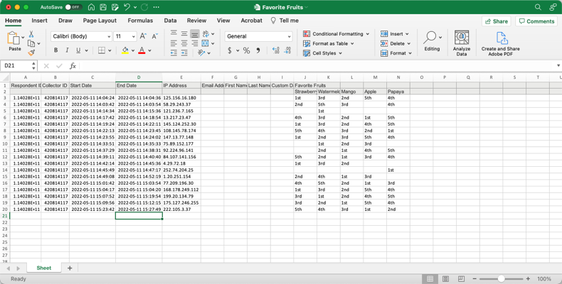 Raw data in Microsoft Excel