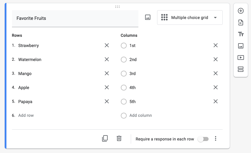 A "Multiple choice grid" question correctly set up for ranked-choice voting in a Google Form