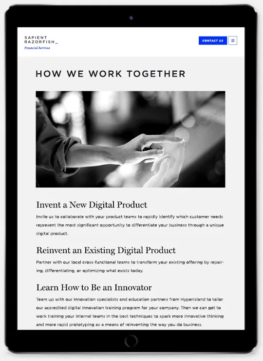 Landing page section on a tablet, 7 of 8