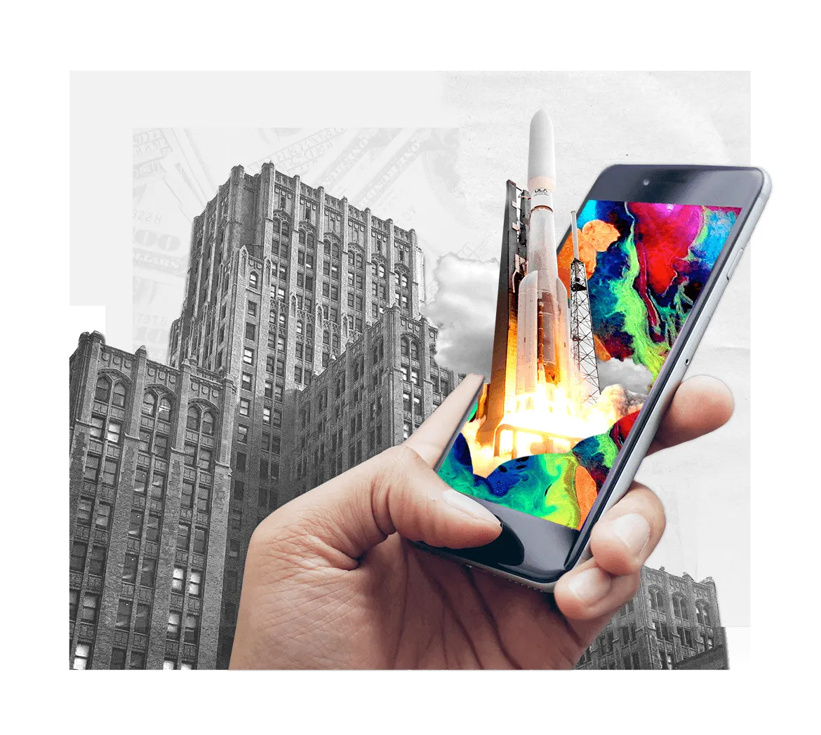 Skyscraper and a hand holding a phone with a rocket launching from the screen