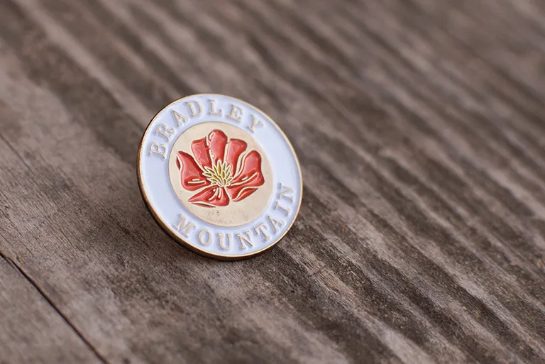 A small round gold enamel pin with an orange California poppy, surrounded by the words Bradley Mountain