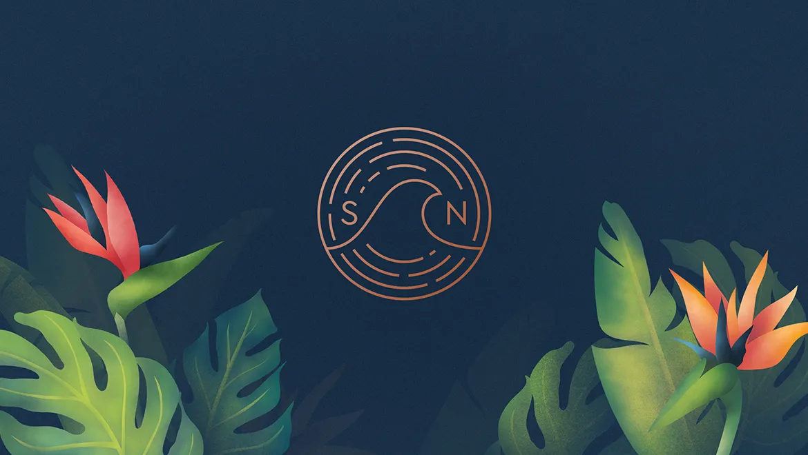 S-wave-n logo mark framed by tropical leaves and bird of paradise flowers