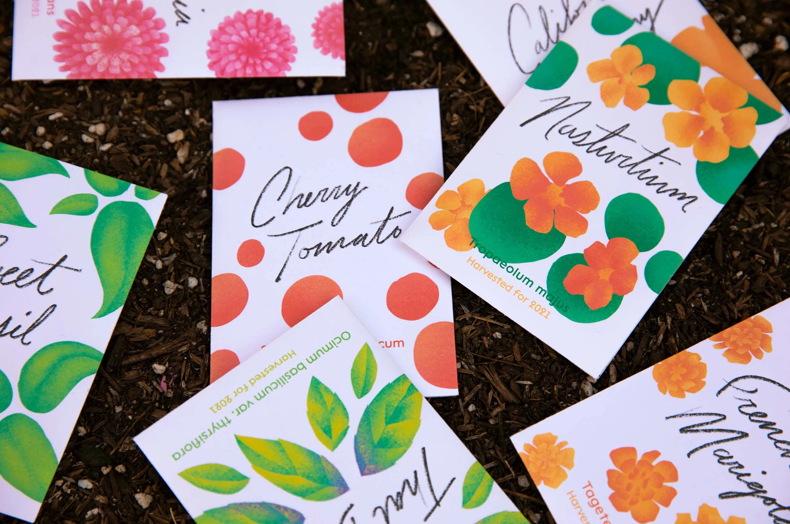 A pile of custom illustrated seed packets