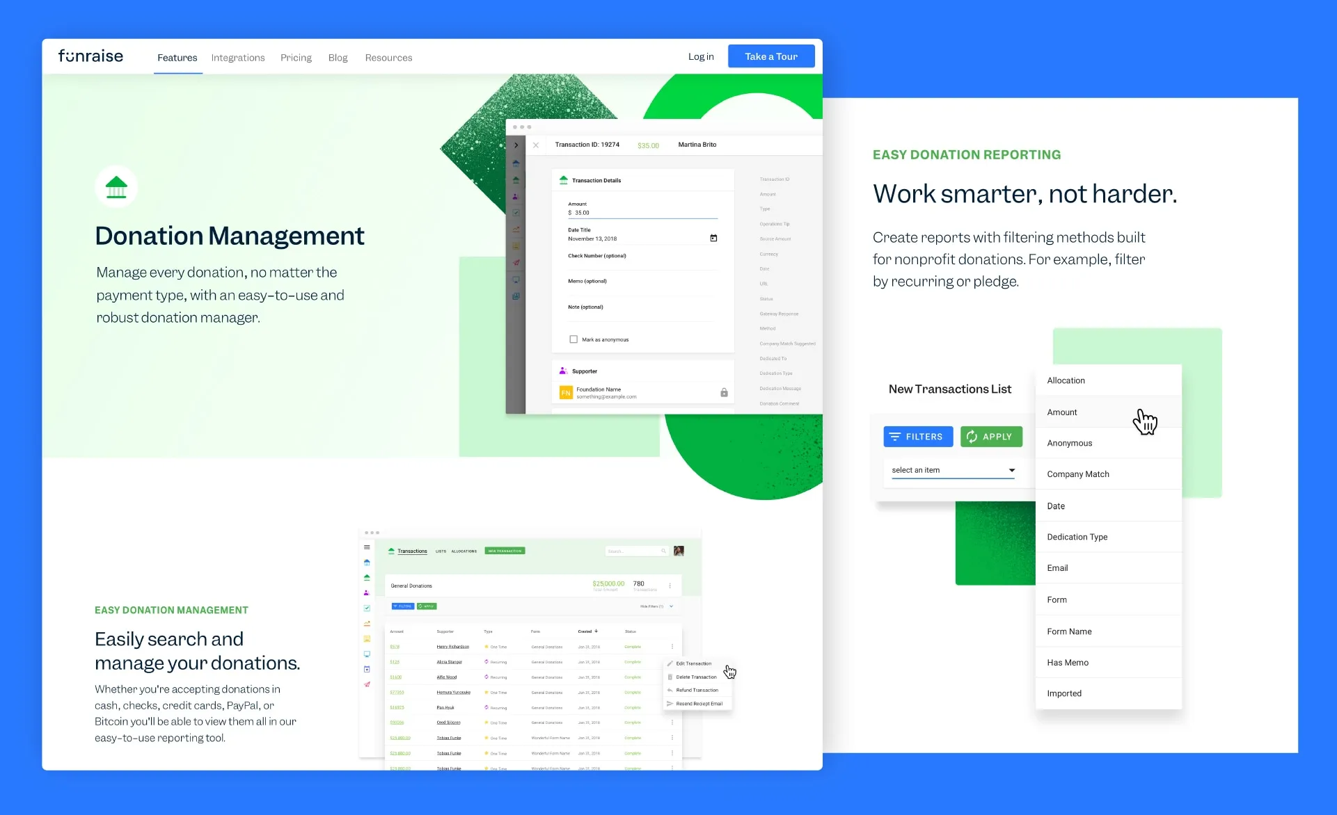 Funraise Donation Management feature page