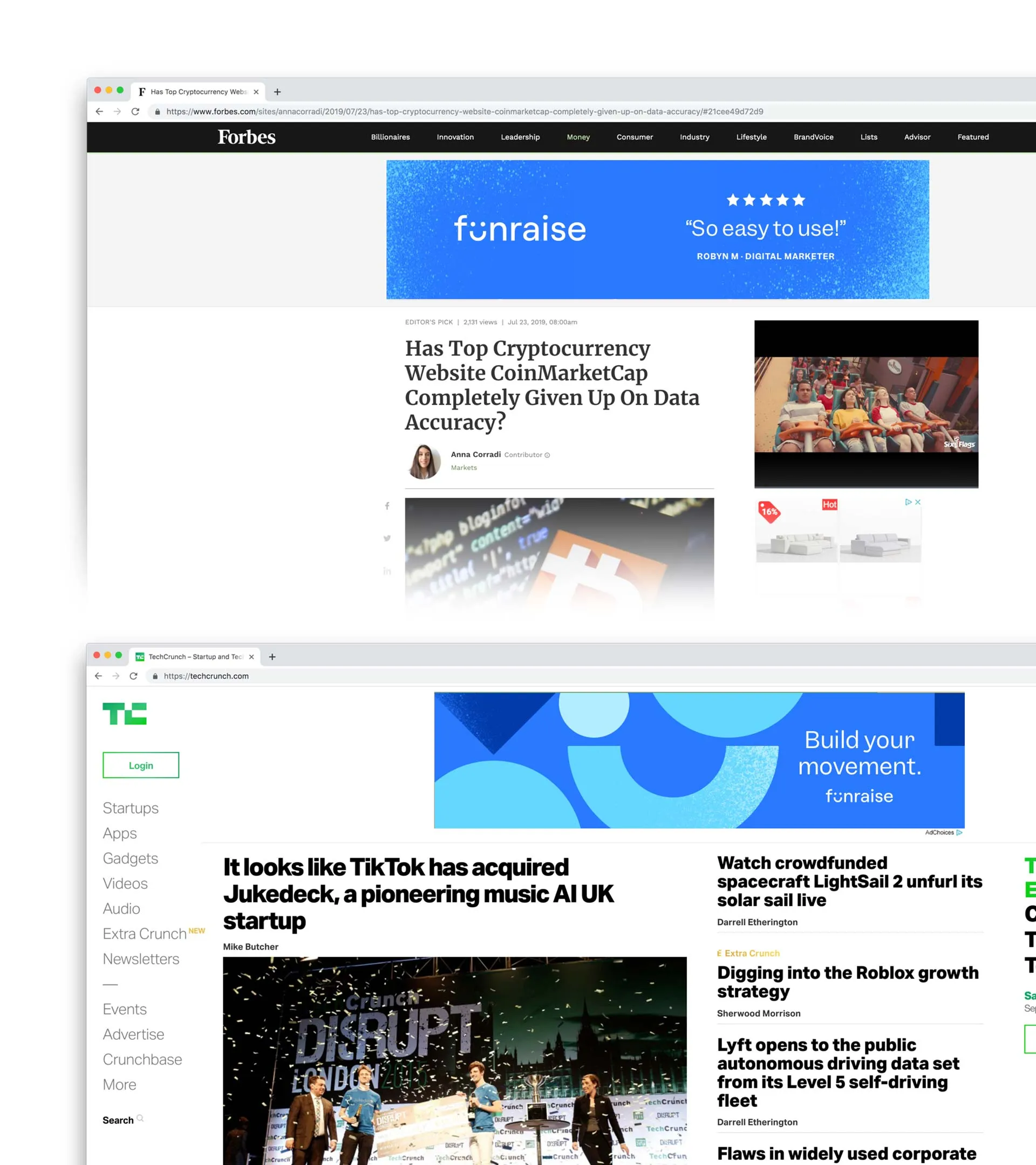 Funraise ads on Forbes and TechCrunch