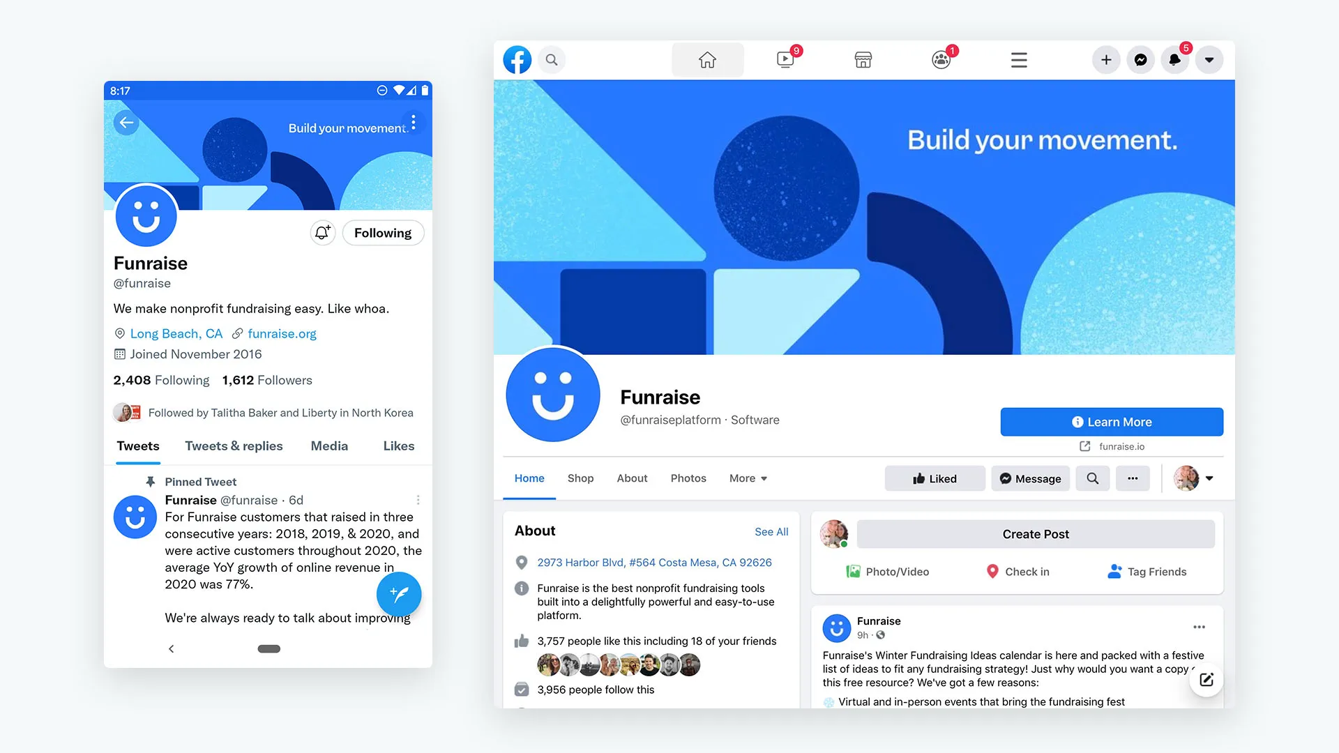Funraise Twitter and Facebook company profiles