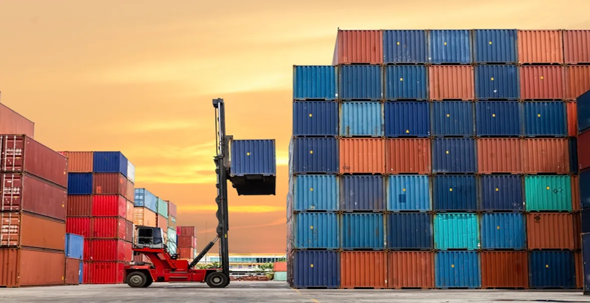 An image of shipping containers being stacked on a port dock