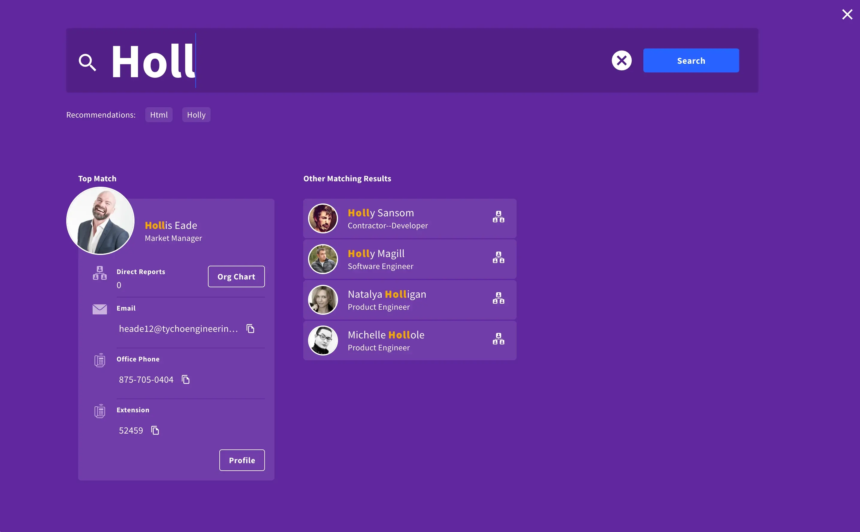 A large search bar typing "Holly" with search results of people