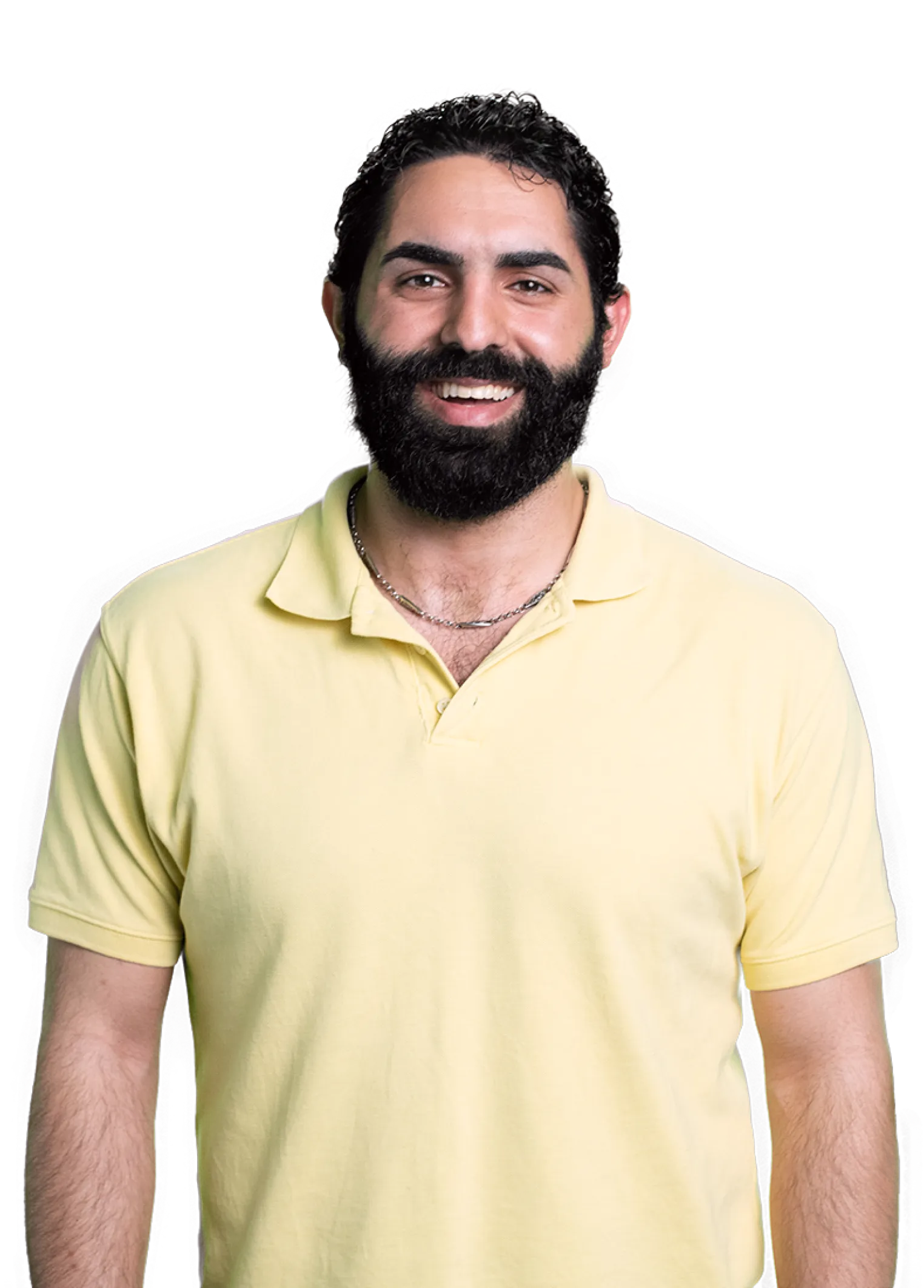 A smiling man with a yellow polo shirt