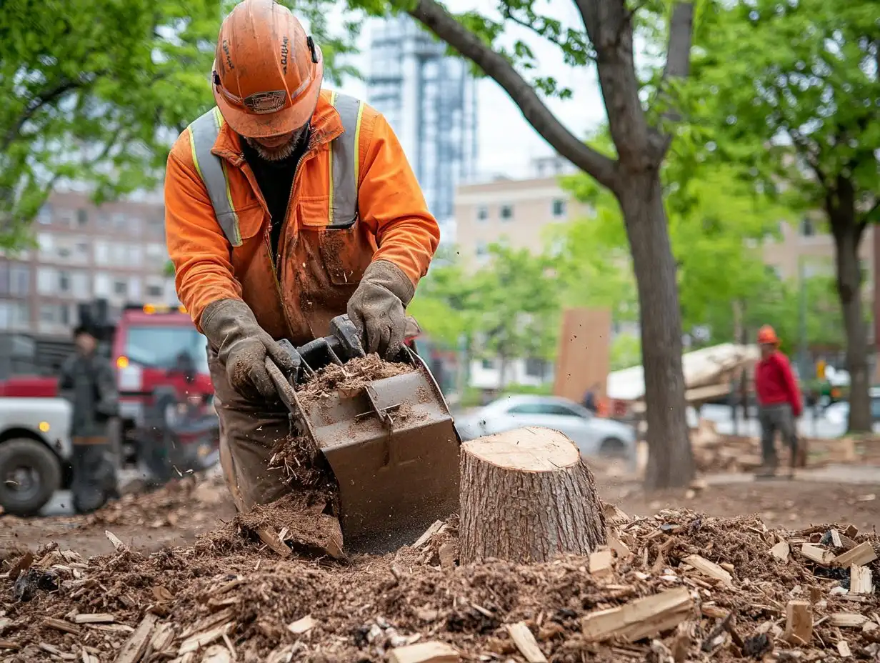One of our team members in an orange safety vest and helmet scoops mulch or wood chips with a heavy-duty tool near a tree stump in a city park, with trees and buildings in the background.