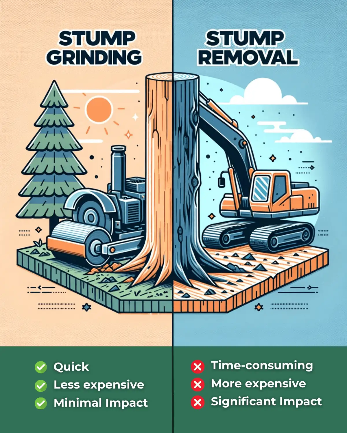 Split image comparing stump grinding (with a grinder, tree, and sun) as quick, less expensive, and minimal impact, and stump removal (with an excavator and clouds) as time-consuming, more expensive, and significant impact.