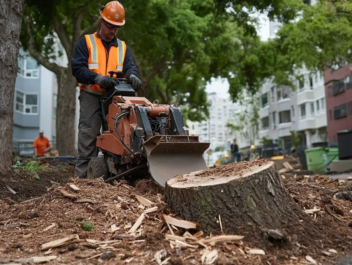 One of our team members in a safety vest and helmet operates a stump grinder to remove a tree stump on a mulch-covered sidewalk, with trees and buildings in the background.
