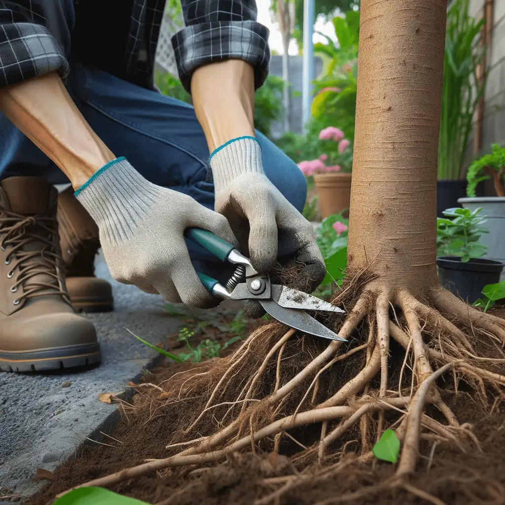 A person wearing gloves and boots uses pruning shears to trim large roots at the base of a tree in a garden, surrounded by soil and potted plants.